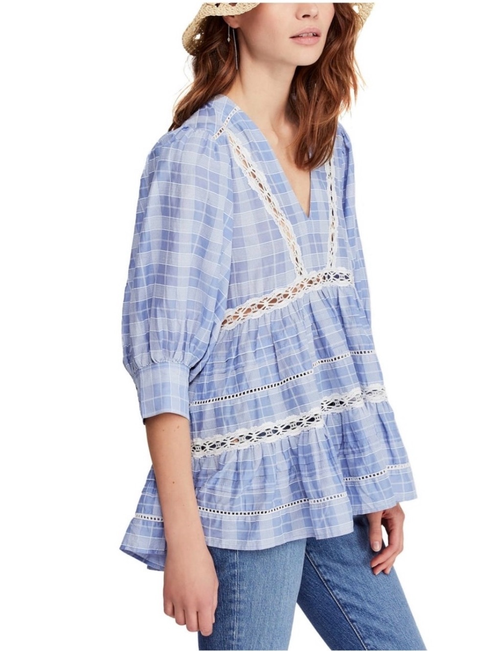 Free People Light Blue Cotton and Lace Peasant Blouse